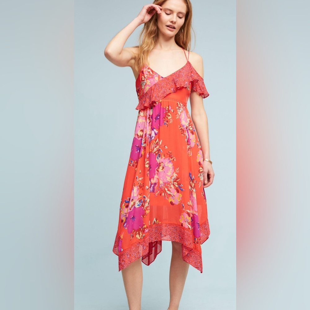 Anthropologie Maeve Grecia Ruffle Woman’s Orange Floral Casual Viscose Dress